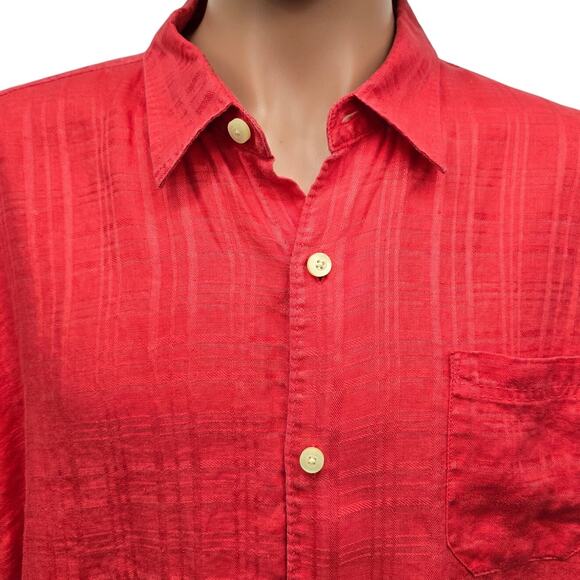 TOMMY BAHAMA Linen Shirt Men XXL 2XL Short Sleeved Coral Orange Red Plaid - Picture 3 of 12
